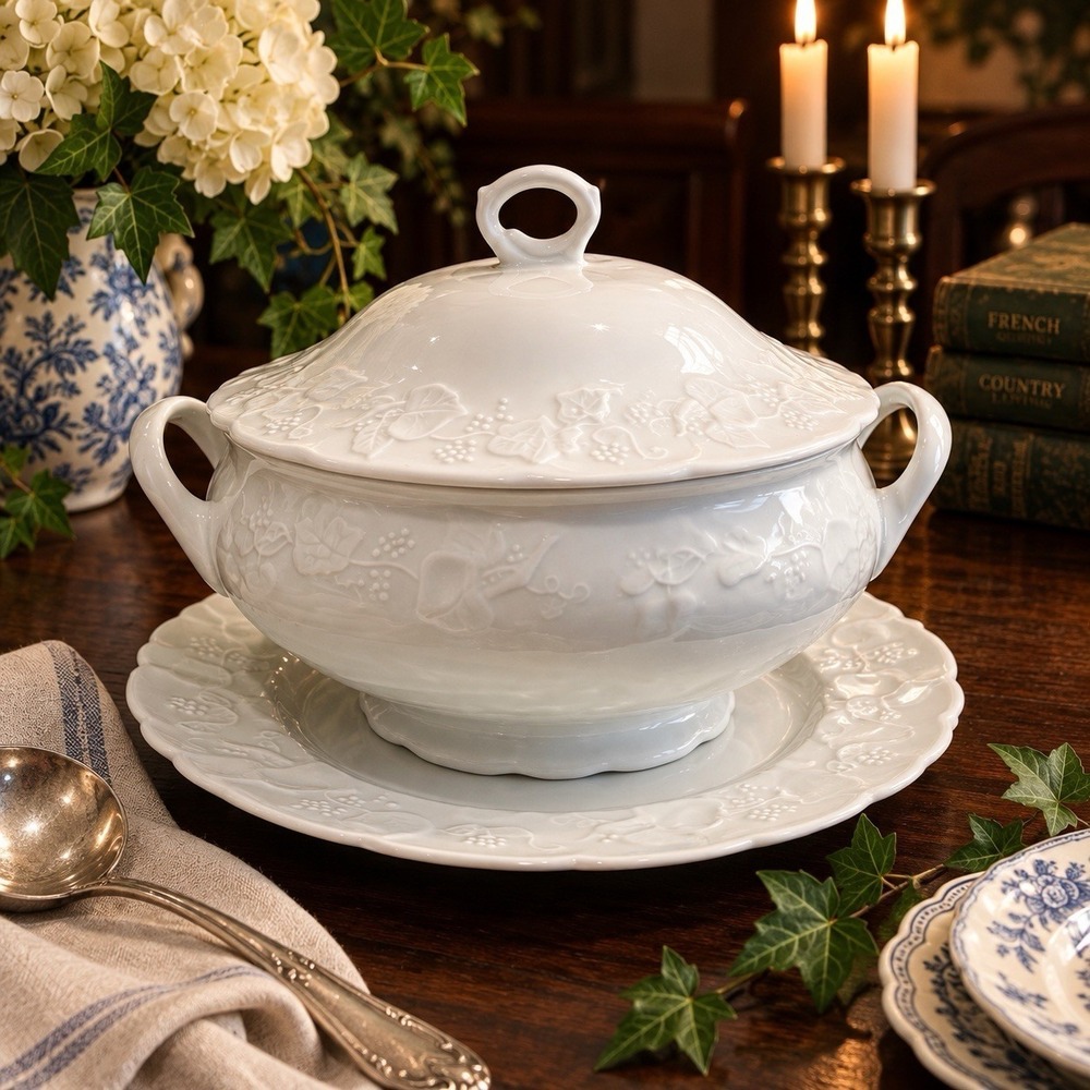 Dansk Lierre Sauvage Ivy France White Porcelain Covered Soup Tureen Underplate